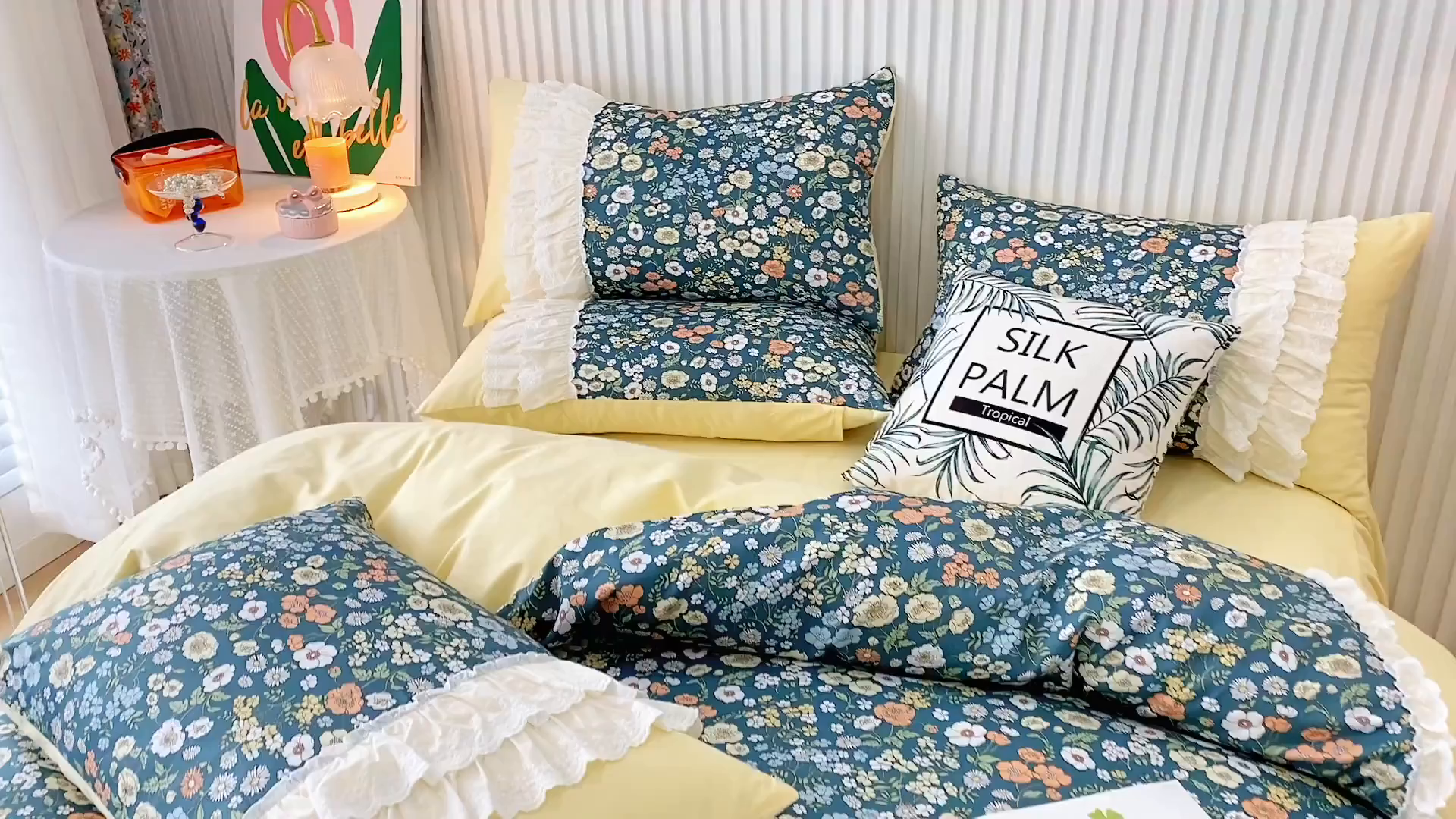 91家纺网 家纺一手货源 找家纺 亲亲公主 2025全棉蕾丝花边床裙公主风四件套 甜心花园-黄色