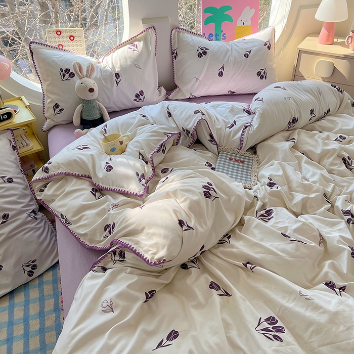 91家纺网 家纺一手货源 找家纺 思诺羽床笠 2025新款亲肤棉贝壳花边四件套 贝壳边-丁香紫