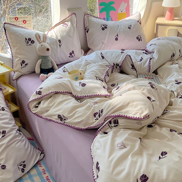 91家纺网 家纺一手货源 找家纺 思诺羽床笠 2025新款亲肤棉贝壳花边四件套 贝壳边-丁香紫