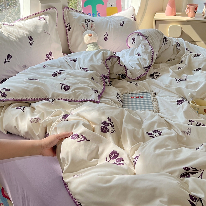 91家纺网 家纺一手货源 找家纺 思诺羽床笠 2025新款亲肤棉贝壳花边四件套 贝壳边-丁香紫