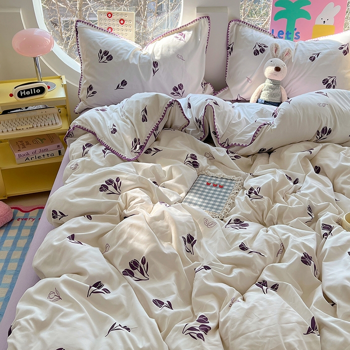 91家纺网 家纺一手货源 找家纺 思诺羽床笠 2025新款亲肤棉贝壳花边四件套 贝壳边-丁香紫