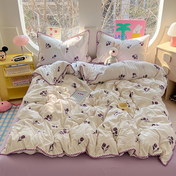 91家纺网 家纺一手货源 找家纺 思诺羽床笠 2025新款亲肤棉贝壳花边四件套 贝壳边-丁香紫