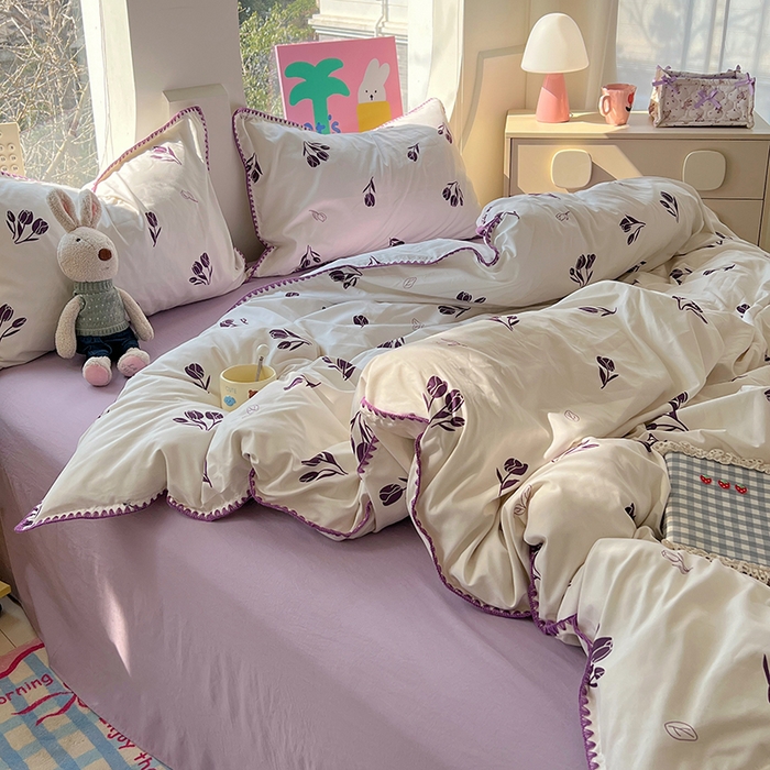 91家纺网 家纺一手货源 找家纺 思诺羽床笠 2025新款亲肤棉贝壳花边四件套 贝壳边-丁香紫