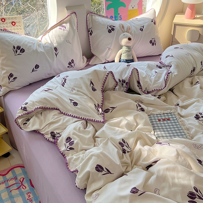 91家纺网 家纺一手货源 找家纺 思诺羽床笠 2025新款亲肤棉贝壳花边四件套 贝壳边-丁香紫