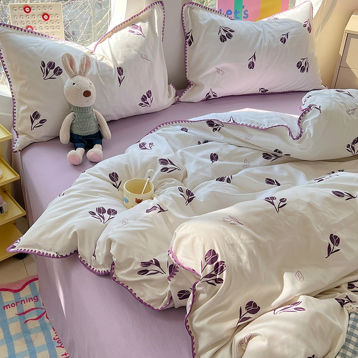 91家纺网 家纺一手货源 找家纺 思诺羽床笠 2025新款亲肤棉贝壳花边四件套 贝壳边-丁香紫