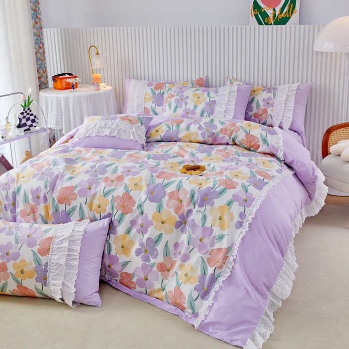 91家纺网 家纺一手货源 找家纺 亲亲公主 2025全棉蕾丝花边床裙公主风四件套 甜心花园-浅紫色