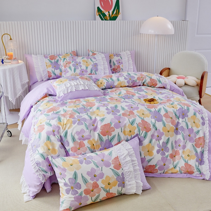 91家纺网 家纺一手货源 找家纺 亲亲公主 2025全棉蕾丝花边床裙公主风四件套 甜心花园-浅紫色