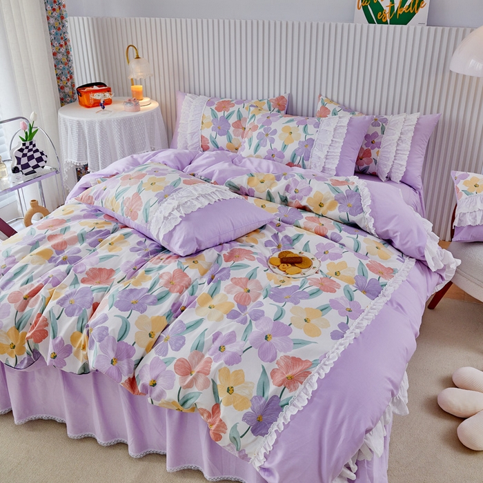 91家纺网 家纺一手货源 找家纺 亲亲公主 2025全棉蕾丝花边床裙公主风四件套 甜心花园-浅紫色