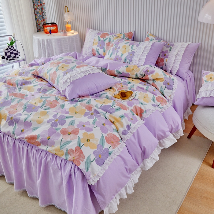 91家纺网 家纺一手货源 找家纺 亲亲公主 2025全棉蕾丝花边床裙公主风四件套 甜心花园-浅紫色