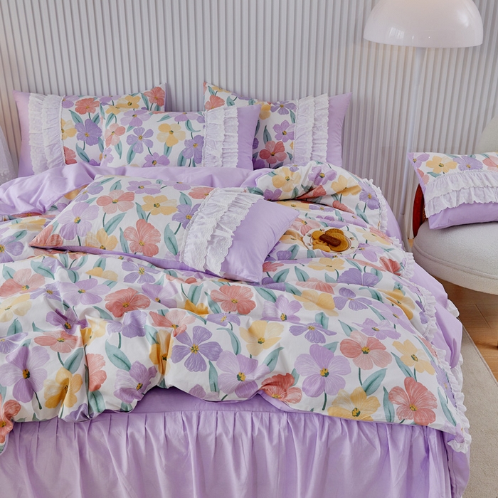 91家纺网 家纺一手货源 找家纺 亲亲公主 2025全棉蕾丝花边床裙公主风四件套 甜心花园-浅紫色