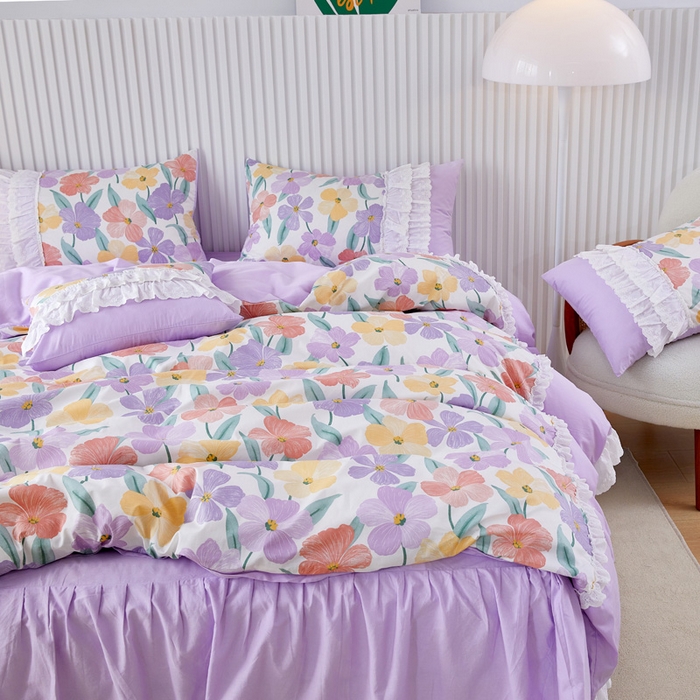 91家纺网 家纺一手货源 找家纺 亲亲公主 2025全棉蕾丝花边床裙公主风四件套 甜心花园-浅紫色