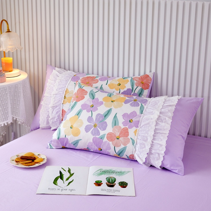 91家纺网 家纺一手货源 找家纺 亲亲公主 2025全棉蕾丝花边床裙公主风四件套 甜心花园-浅紫色