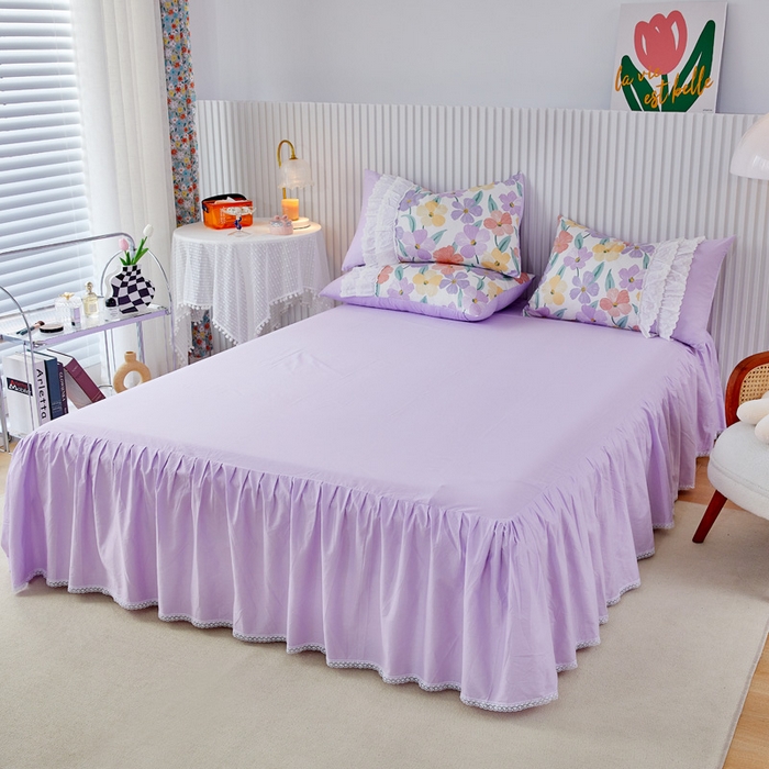 91家纺网 家纺一手货源 找家纺 亲亲公主 2025全棉蕾丝花边床裙公主风四件套 甜心花园-浅紫色