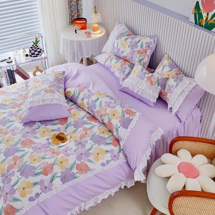 91家纺网 家纺一手货源 找家纺 亲亲公主 2025全棉蕾丝花边床裙公主风四件套 甜心花园-浅紫色