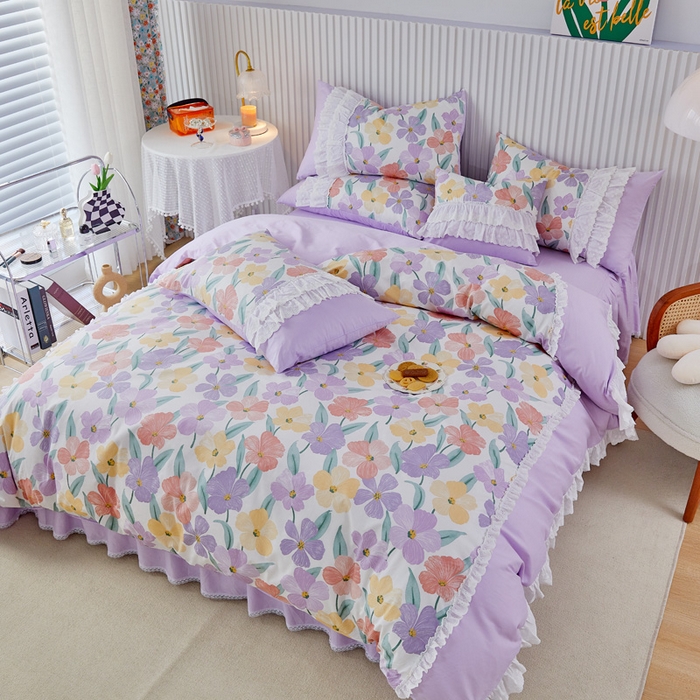 91家纺网 家纺一手货源 找家纺 亲亲公主 2025全棉蕾丝花边床裙公主风四件套 甜心花园-浅紫色