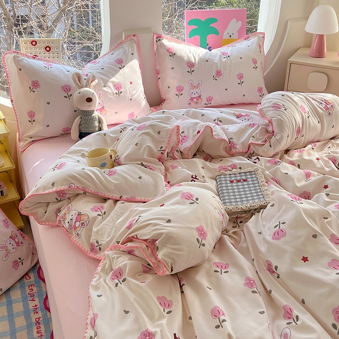 91家纺网 家纺一手货源 找家纺 思诺羽床笠 2025新款亲肤棉贝壳花边四件套 贝壳边-田园兔