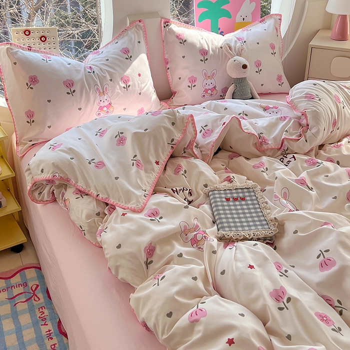 91家纺网 家纺一手货源 找家纺 思诺羽床笠 2025新款亲肤棉贝壳花边四件套 贝壳边-田园兔