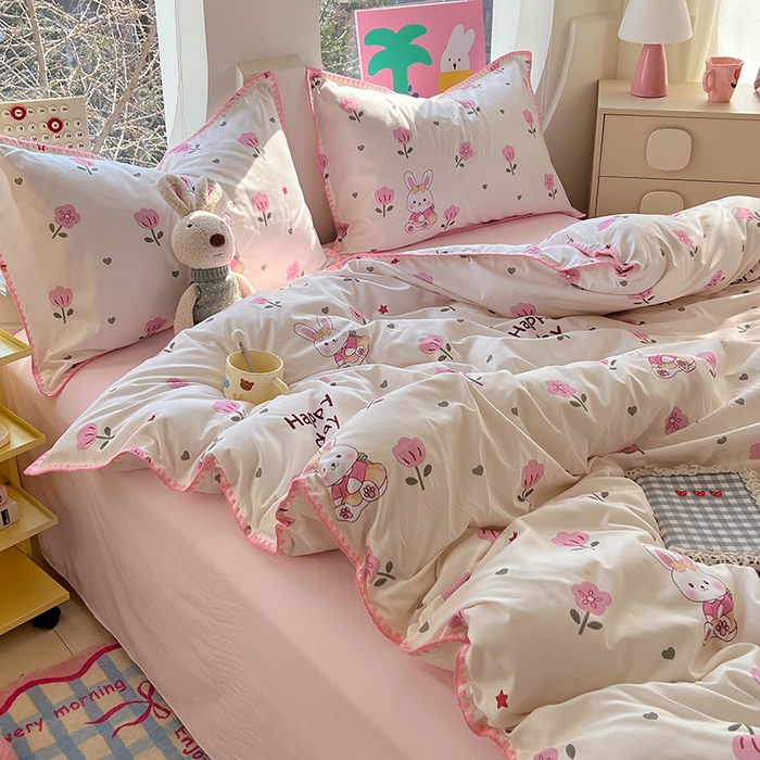 91家纺网 家纺一手货源 找家纺 思诺羽床笠 2025新款亲肤棉贝壳花边四件套 贝壳边-田园兔