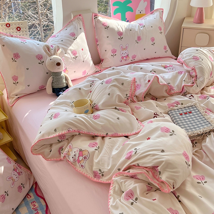 91家纺网 家纺一手货源 找家纺 思诺羽床笠 2025新款亲肤棉贝壳花边四件套 贝壳边-田园兔