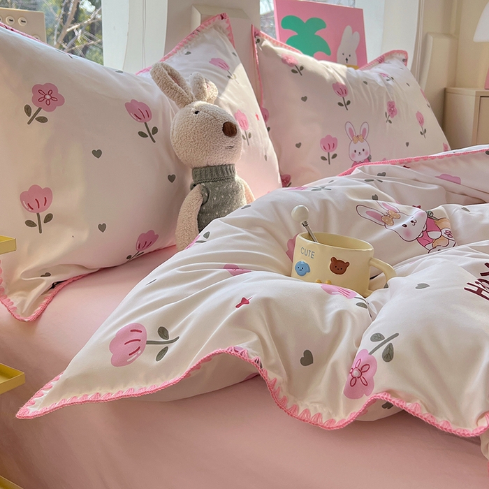 91家纺网 家纺一手货源 找家纺 思诺羽床笠 2025新款亲肤棉贝壳花边四件套 贝壳边-田园兔