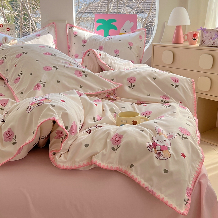 91家纺网 家纺一手货源 找家纺 思诺羽床笠 2025新款亲肤棉贝壳花边四件套 贝壳边-田园兔