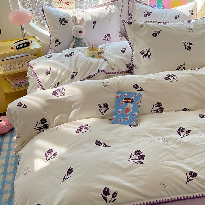 思诺羽床笠 2025新款亲肤棉贝壳花边四件套 贝壳边-丁香紫