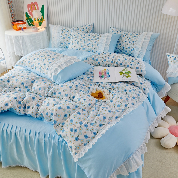 91家纺网 家纺一手货源 找家纺 亲亲公主 2025全棉蕾丝花边床裙公主风四件套 甜心花园-蓝色