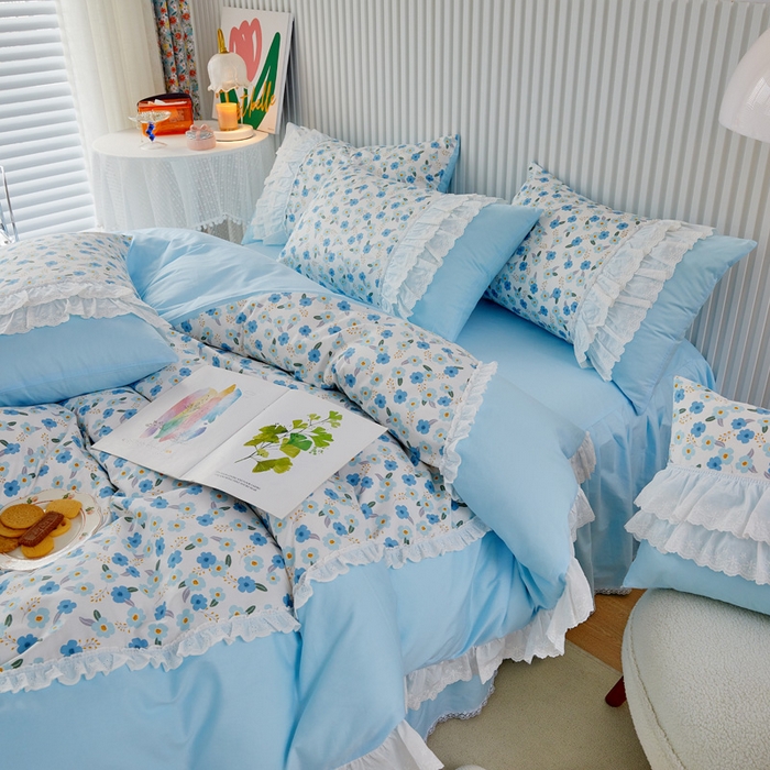 91家纺网 家纺一手货源 找家纺 亲亲公主 2025全棉蕾丝花边床裙公主风四件套 甜心花园-蓝色
