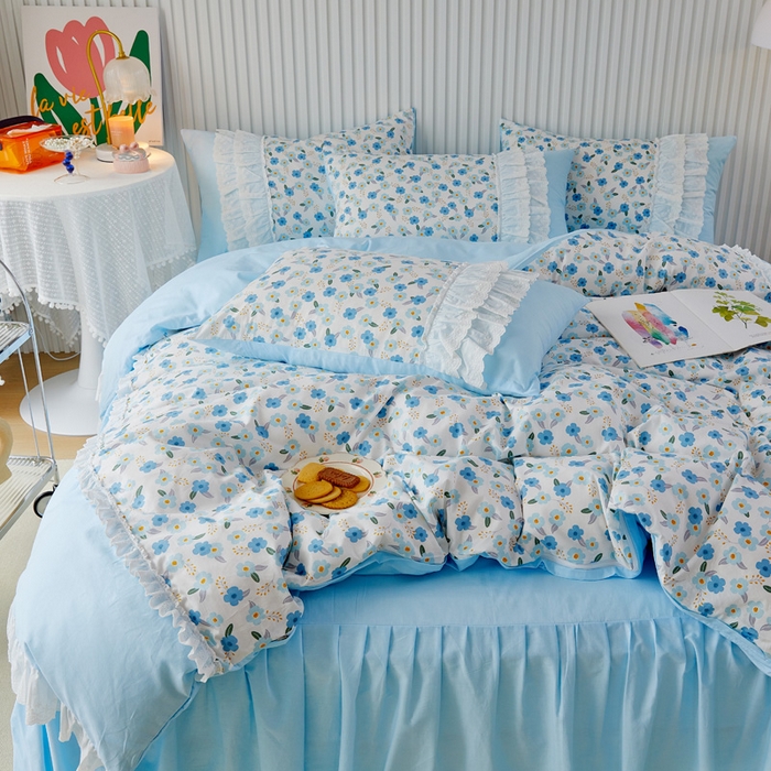 91家纺网 家纺一手货源 找家纺 亲亲公主 2025全棉蕾丝花边床裙公主风四件套 甜心花园-蓝色