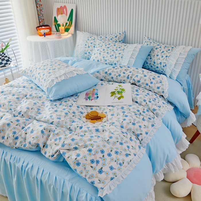 91家纺网 家纺一手货源 找家纺 亲亲公主 2025全棉蕾丝花边床裙公主风四件套 甜心花园-蓝色