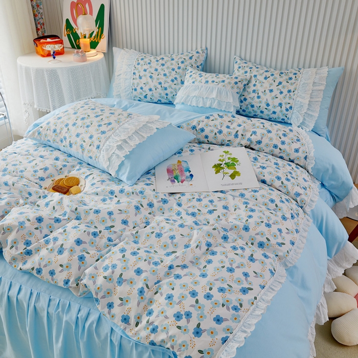 91家纺网 家纺一手货源 找家纺 亲亲公主 2025全棉蕾丝花边床裙公主风四件套 甜心花园-蓝色