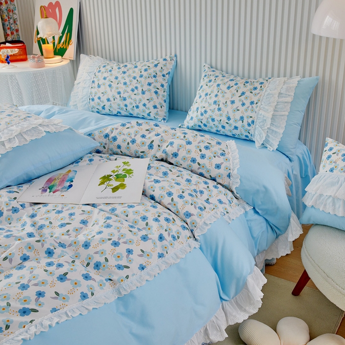 91家纺网 家纺一手货源 找家纺 亲亲公主 2025全棉蕾丝花边床裙公主风四件套 甜心花园-蓝色