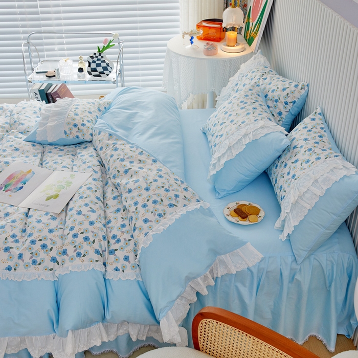 91家纺网 家纺一手货源 找家纺 亲亲公主 2025全棉蕾丝花边床裙公主风四件套 甜心花园-蓝色