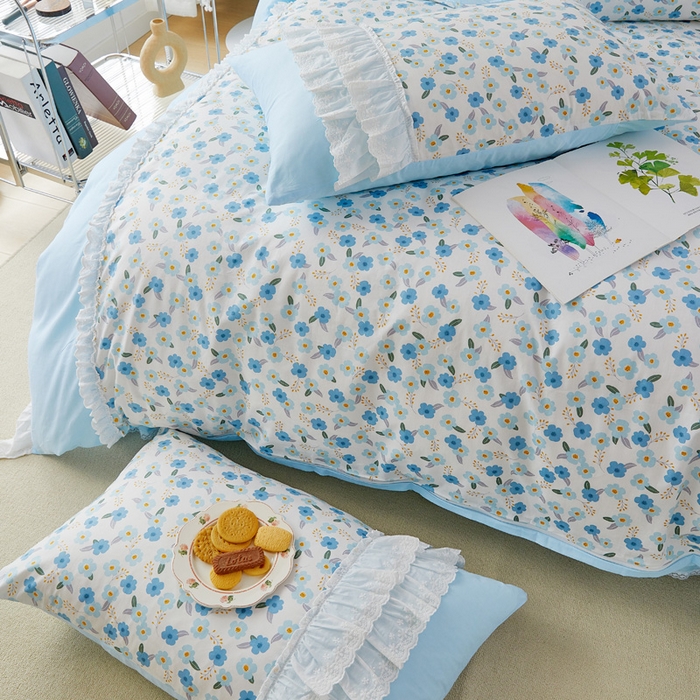 91家纺网 家纺一手货源 找家纺 亲亲公主 2025全棉蕾丝花边床裙公主风四件套 甜心花园-蓝色