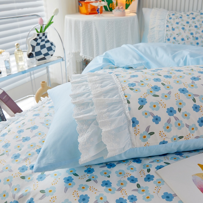 91家纺网 家纺一手货源 找家纺 亲亲公主 2025全棉蕾丝花边床裙公主风四件套 甜心花园-蓝色