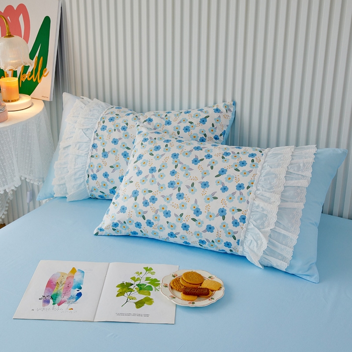 91家纺网 家纺一手货源 找家纺 亲亲公主 2025全棉蕾丝花边床裙公主风四件套 甜心花园-蓝色