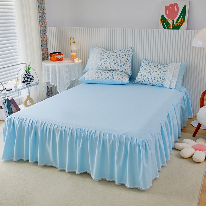 91家纺网 家纺一手货源 找家纺 亲亲公主 2025全棉蕾丝花边床裙公主风四件套 甜心花园-蓝色