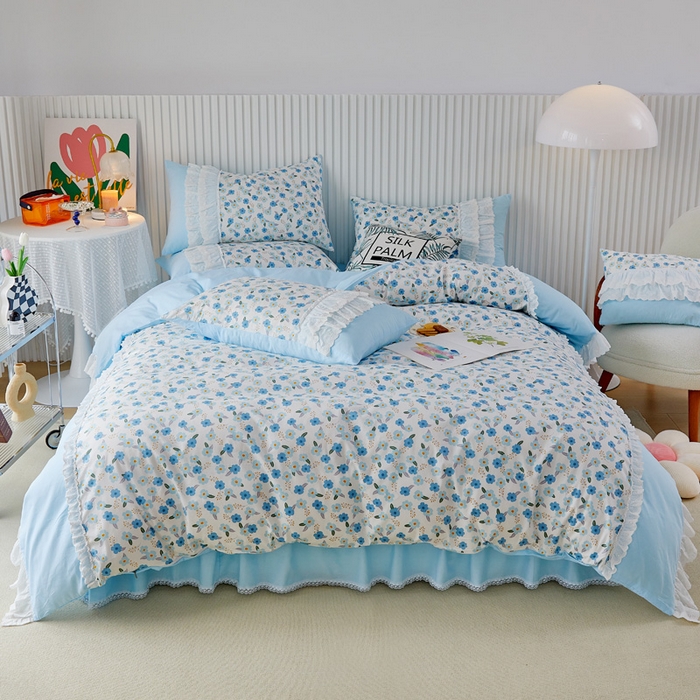 91家纺网 家纺一手货源 找家纺 亲亲公主 2025全棉蕾丝花边床裙公主风四件套 甜心花园-蓝色