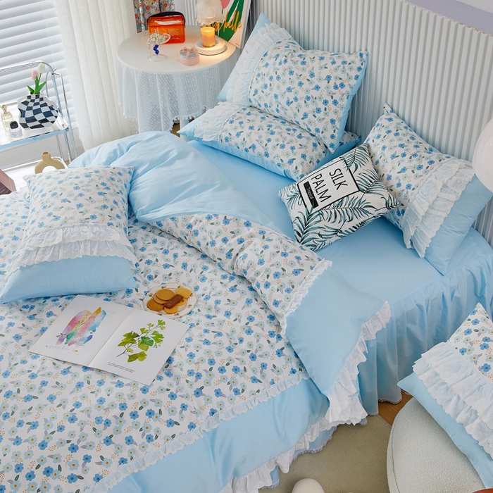 91家纺网 家纺一手货源 找家纺 亲亲公主 2025全棉蕾丝花边床裙公主风四件套 甜心花园-蓝色