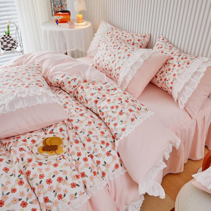 91家纺网 家纺一手货源 找家纺 亲亲公主 2025全棉蕾丝花边床裙公主风四件套 甜心花园-粉色