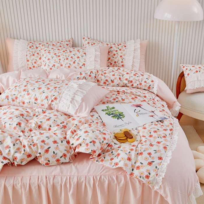 91家纺网 家纺一手货源 找家纺 亲亲公主 2025全棉蕾丝花边床裙公主风四件套 甜心花园-粉色