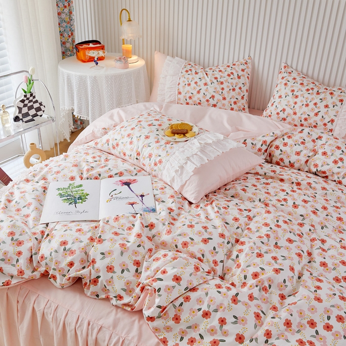 91家纺网 家纺一手货源 找家纺 亲亲公主 2025全棉蕾丝花边床裙公主风四件套 甜心花园-粉色