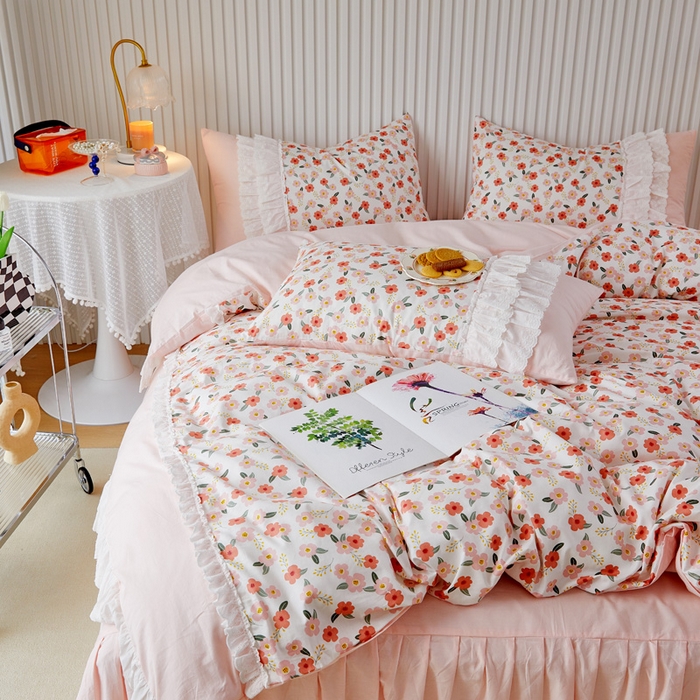 91家纺网 家纺一手货源 找家纺 亲亲公主 2025全棉蕾丝花边床裙公主风四件套 甜心花园-粉色