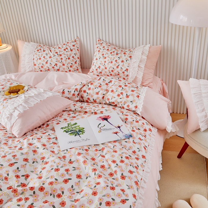 91家纺网 家纺一手货源 找家纺 亲亲公主 2025全棉蕾丝花边床裙公主风四件套 甜心花园-粉色