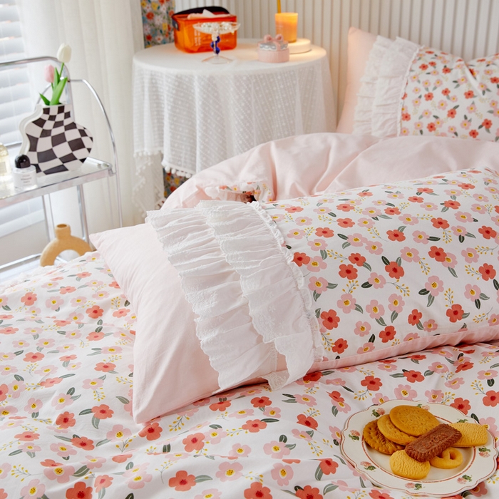 91家纺网 家纺一手货源 找家纺 亲亲公主 2025全棉蕾丝花边床裙公主风四件套 甜心花园-粉色