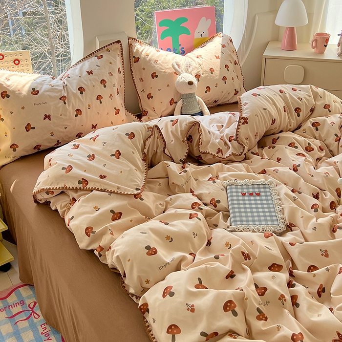 91家纺网 家纺一手货源 找家纺 思诺羽床笠 2025新款亲肤棉贝壳花边四件套 贝壳边-小蘑菇