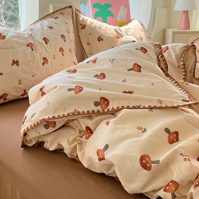 91家纺网 家纺一手货源 找家纺 思诺羽床笠 2025新款亲肤棉贝壳花边四件套 贝壳边-小蘑菇