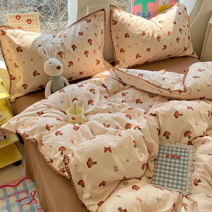 91家纺网 家纺一手货源 找家纺 思诺羽床笠 2025新款亲肤棉贝壳花边四件套 贝壳边-小蘑菇