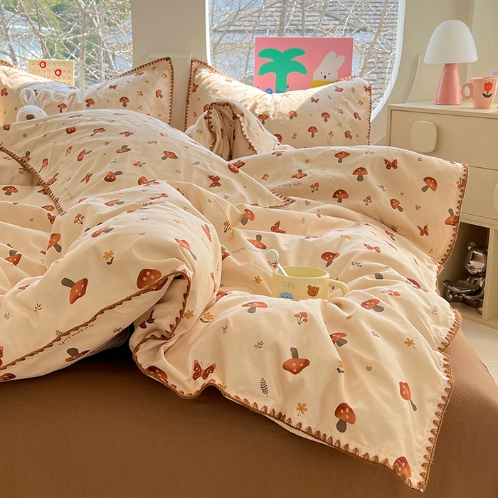 91家纺网 家纺一手货源 找家纺 思诺羽床笠 2025新款亲肤棉贝壳花边四件套 贝壳边-小蘑菇