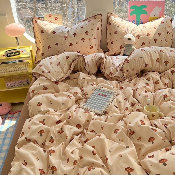 91家纺网 家纺一手货源 找家纺 思诺羽床笠 2025新款亲肤棉贝壳花边四件套 贝壳边-小蘑菇